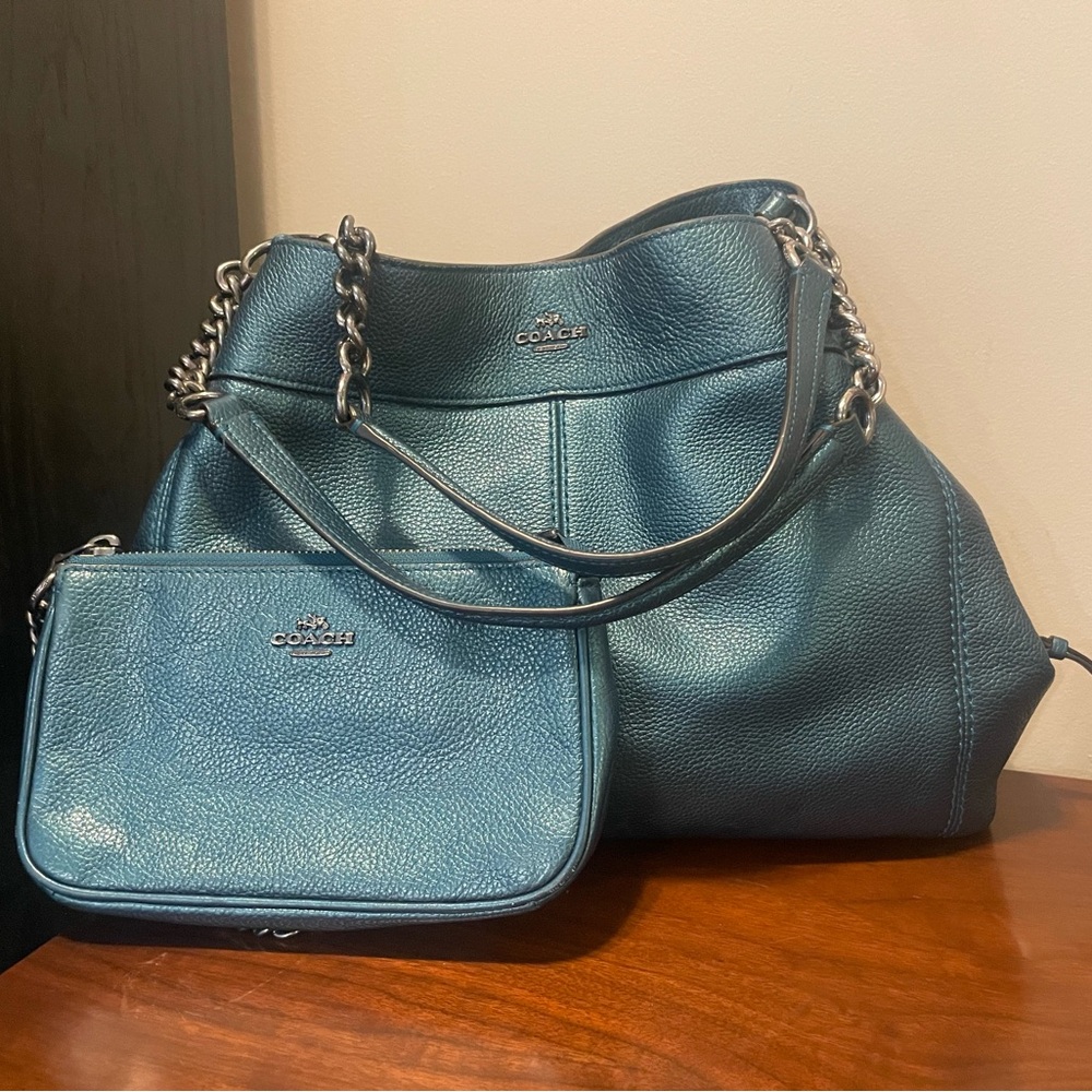 Coach Metallic Blue Edie Leather Hand bag and Wristlet.